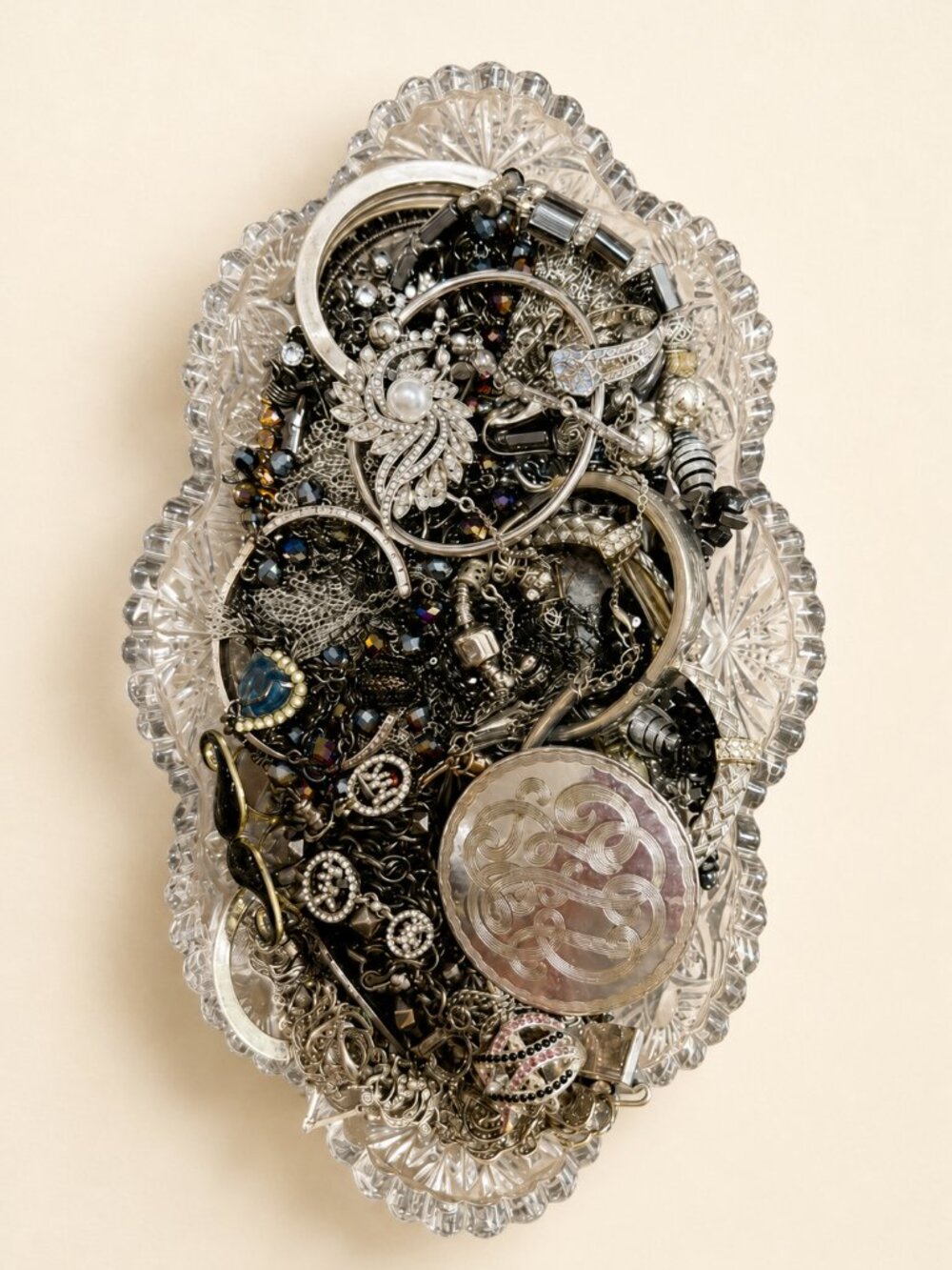 Ready-to-Wear Silver-Tone Jewelry Lot with Vintage Glass Dish